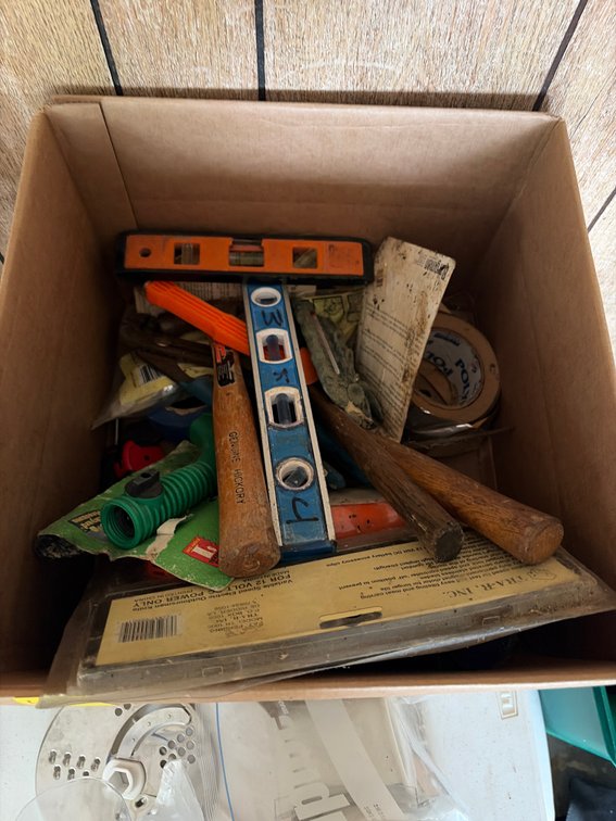 Box of misc tools; hammers; variable speed electric knife; etc.