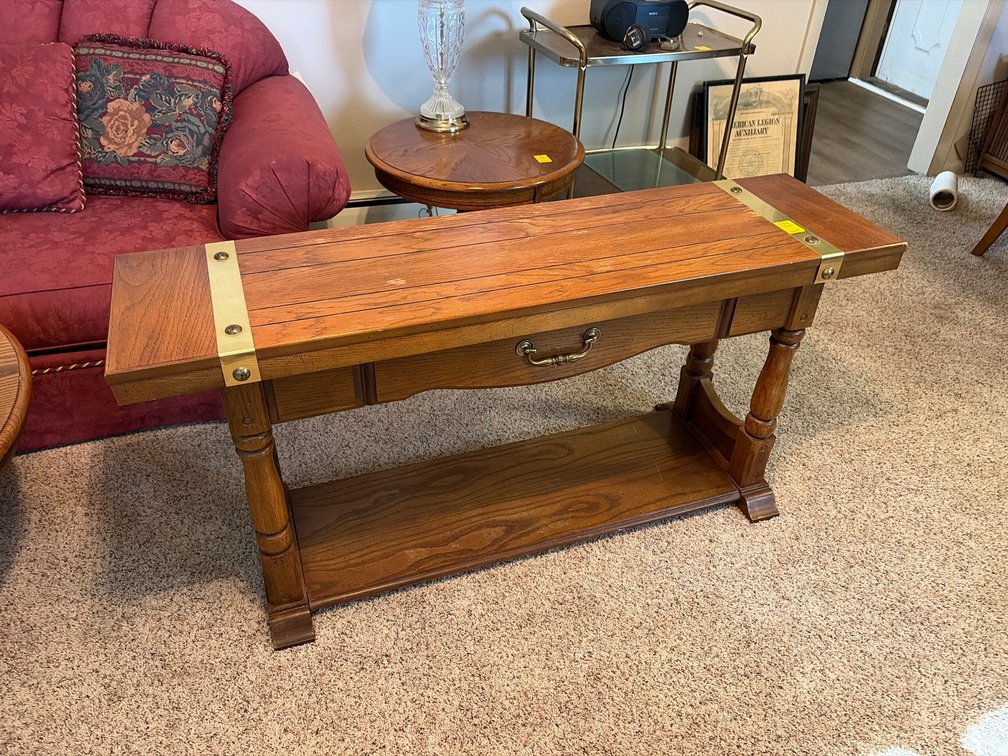 Vintage Rustic Wood Console / Sofa Table with Brass Accents