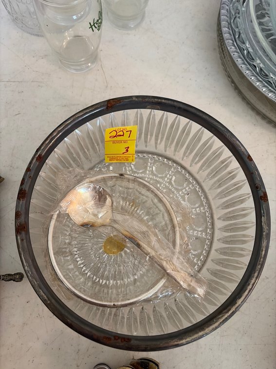 Silver plated salad bowl and spoon and metal rim glass bowl