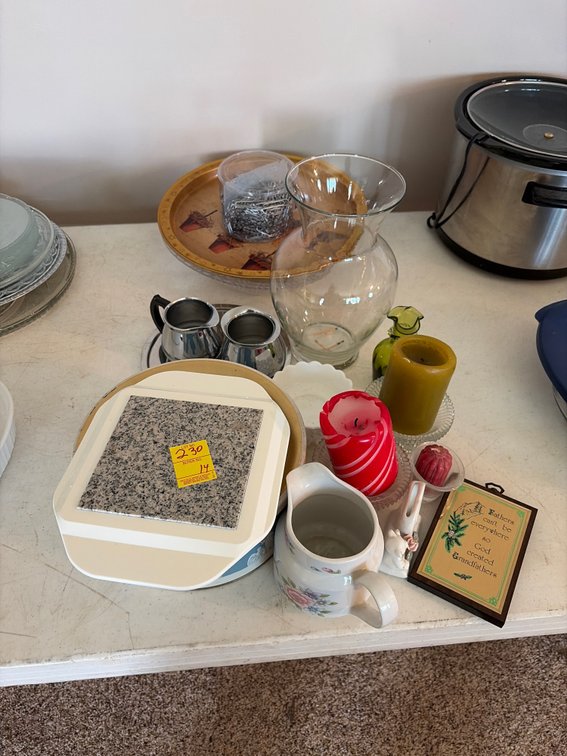 Glassware; sun beam metal pots; candles; etc