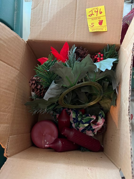 2 tree tops; box of christmas misc; glitter bells; porcelain wall lamp