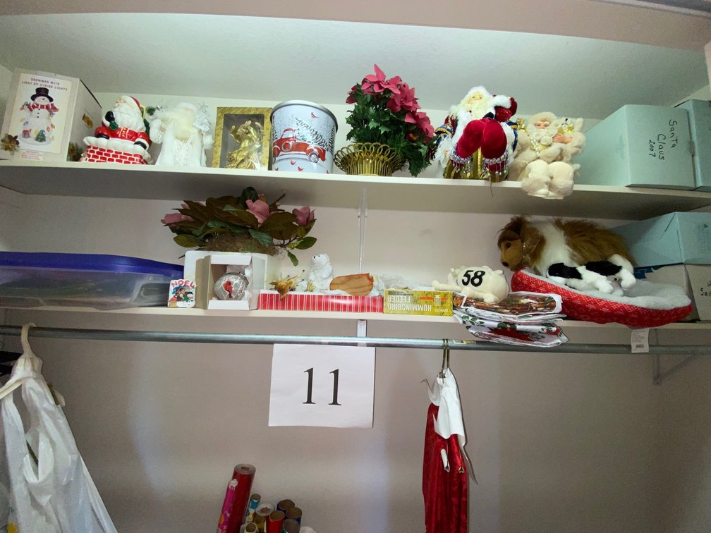 CHISTMAS CLOSET DEAL-TOTES OF SANTA CLAUS, GIFT BOXES, DECORAM