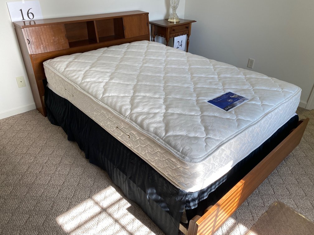 MID CENTURY BOOKCASE BED & LIKE NEW SERTA PERFECT SLEEPER FULL SZ 