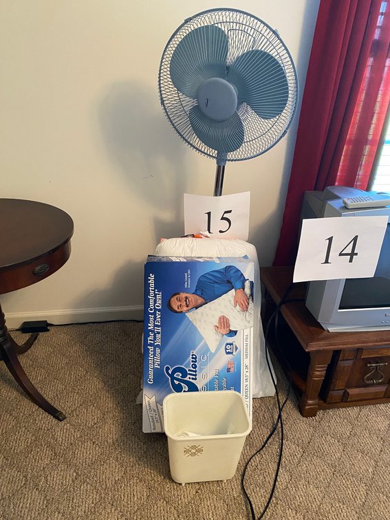 OSCILLATING PEDESTAL FAN,TWO MY PILLOWS, &TRASH CAN