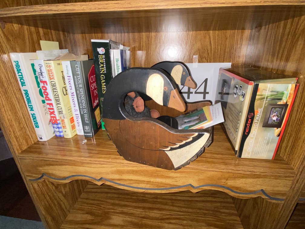 BOOKS & MISC.ON SHELF, DIGITAL PHOTO FRAME, WOOD GOOSE CADDY