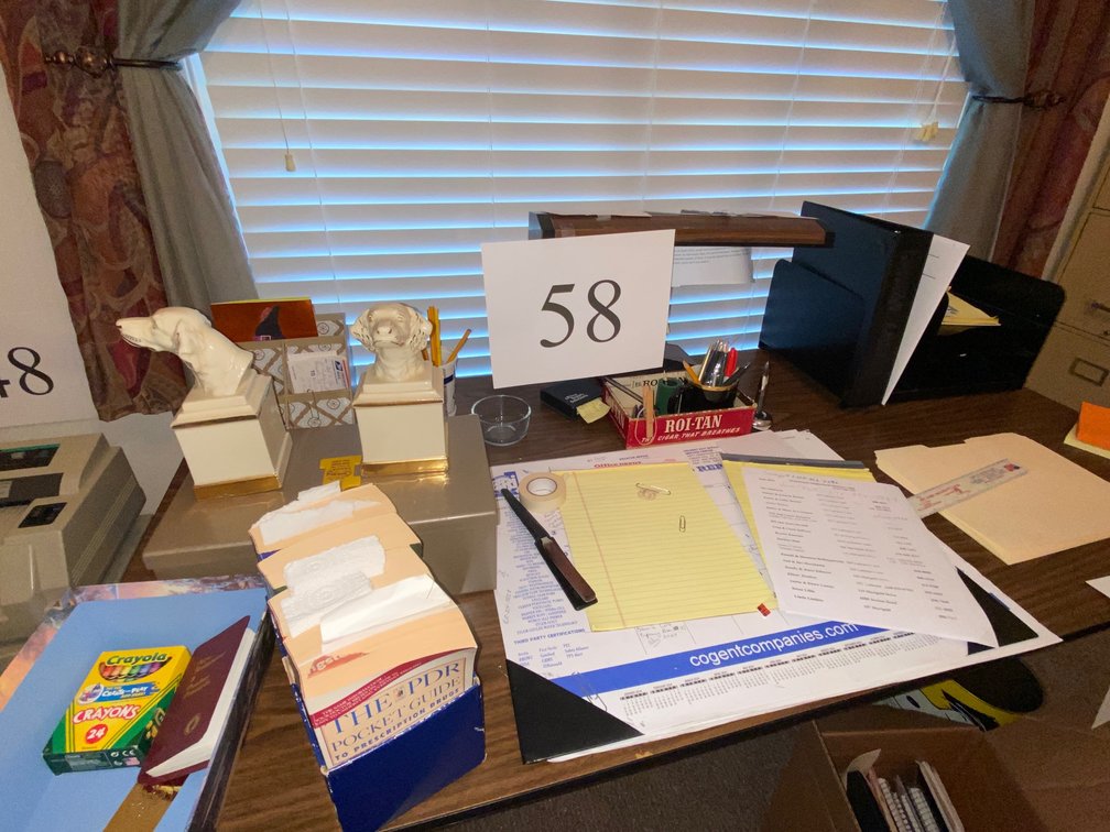 DESK LAMP, CASH BOX, ALL SUPPLIES ON TABLE TOP, ETC.