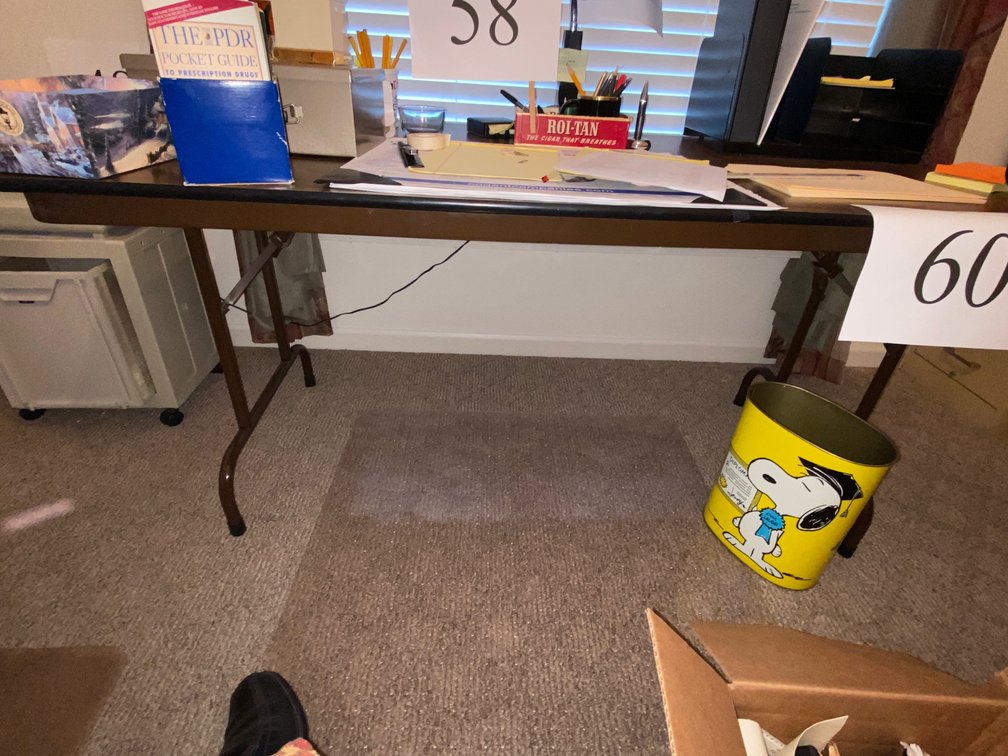 APPROXIMATELY 6' FOLDING TABLE, SNOOPY, 2 CARPET PROTECTORS