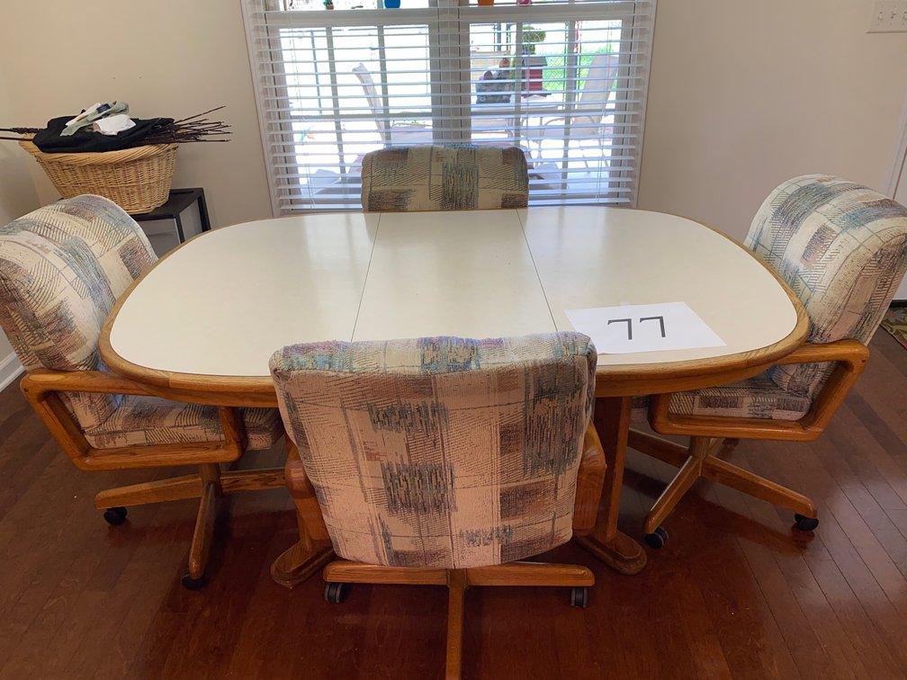 DINING TABLE & FOUR SWIVEL DINING CHAIRS-ONE LEAF