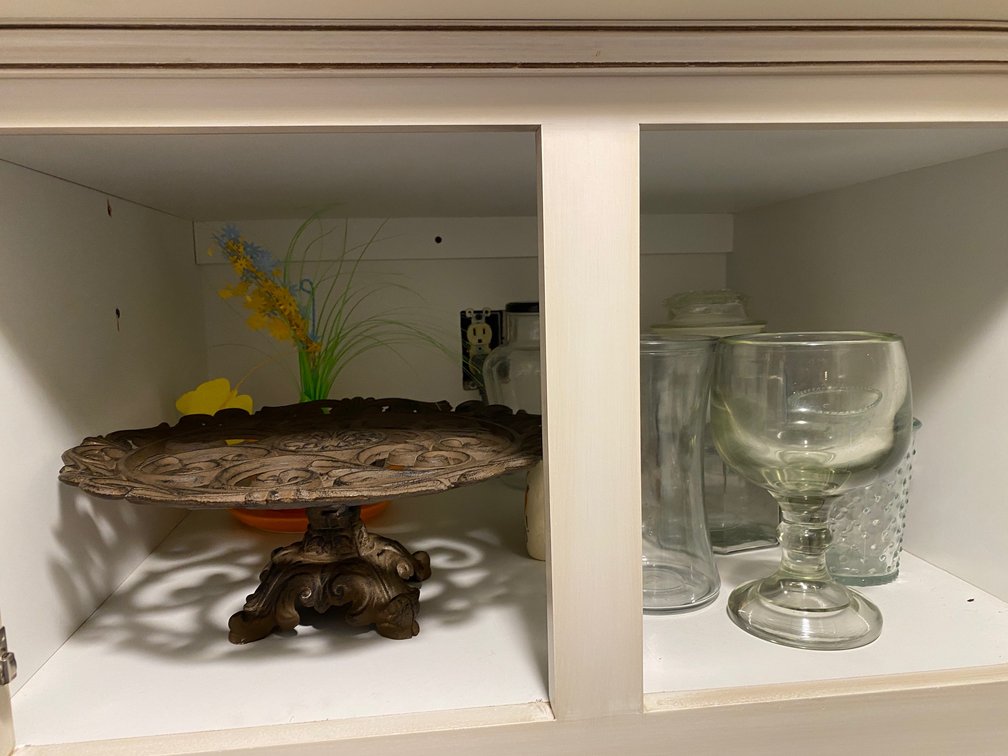 IRON CAKE STAND & MISC. GLASS PCS, ALL BAKING PANS, ETC.