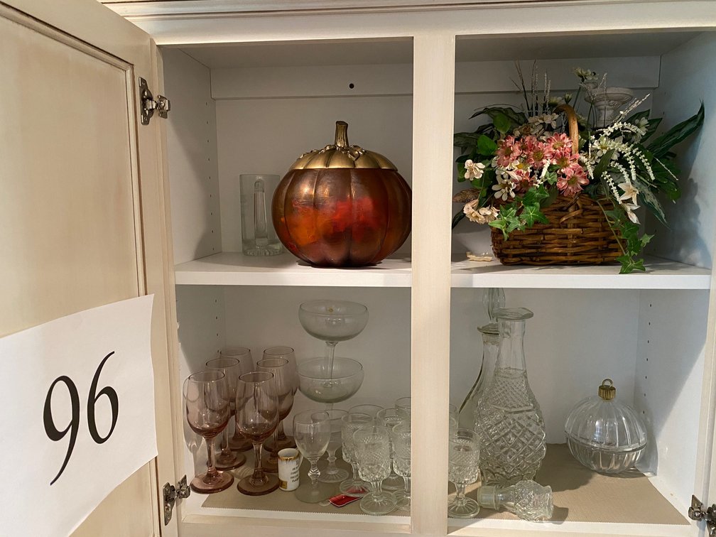 2 WHISKEY DECANTERS, GLASS PUMPKIN, METAL TOP(MORE IN DESCRIPTION)