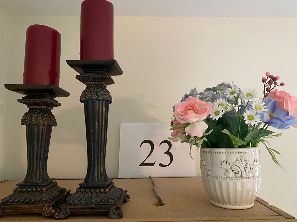 SET OF CANDLESTICKS, , CERAMIC BASKET, & SILK FLOWER 