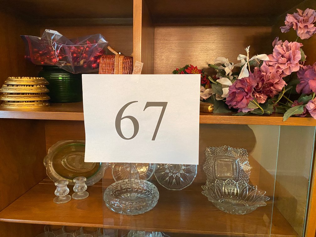 FIVE CLEAR GLASS, TWO CRYSTAL CANDLE STICKS (MORE IN DESCRIPTION)