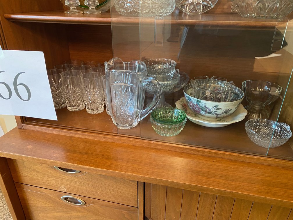BOTTOM SHELF-GLASS PITCHER, OTHER ITEMS (MORE IN DESCRIPTION)