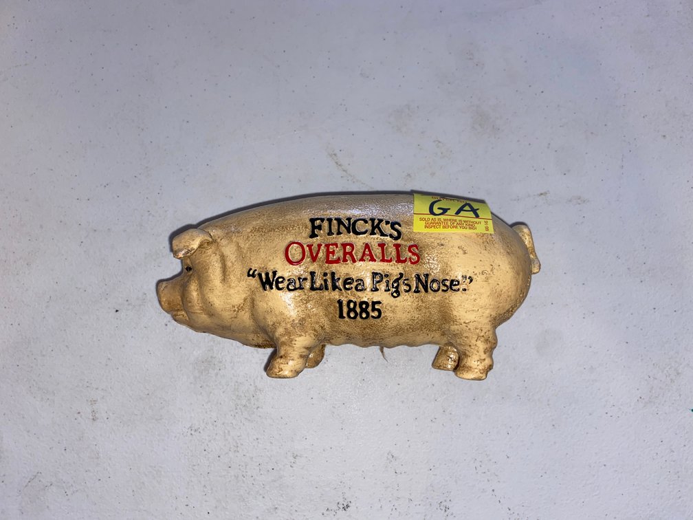 CAST IRON FINCKS OVERALLS PIGGY BANK
