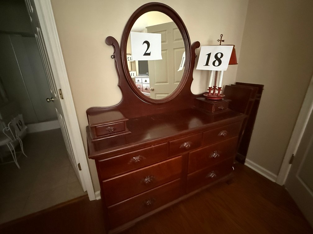 7 DRAWER CHERRY DRESSER, GLOVE BOXES, WOOD PULLS, TILT MIRROR IN YOKE