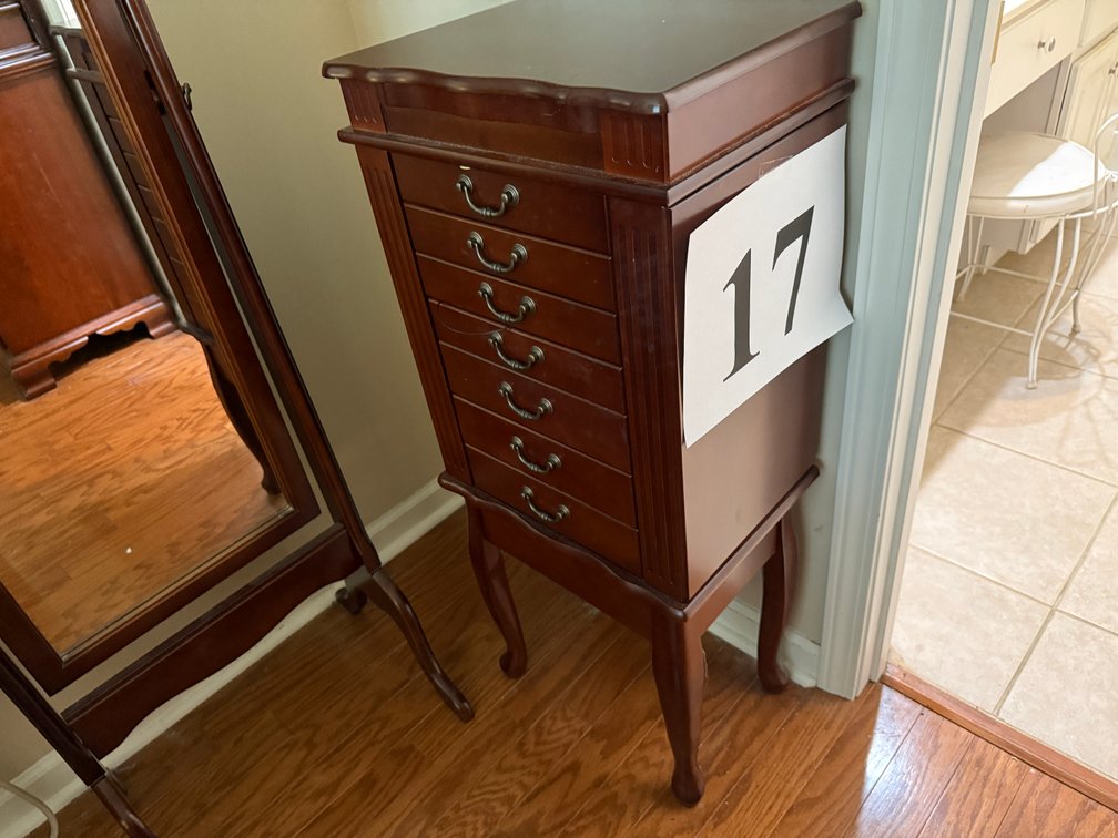 CHERRY STYLE WOOD SEVEN DRAWER JEWELRY CHEST ON LEGS