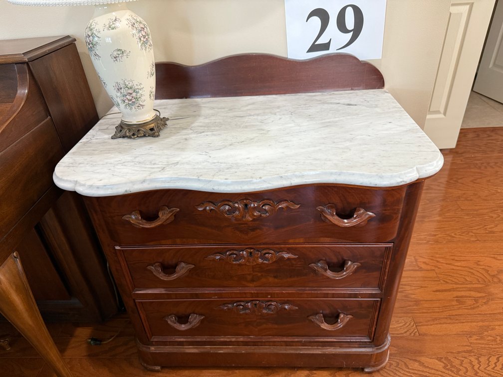 MARBLE TOP THREE DRAWER WASHSTAND WITH BACKSPLASH 