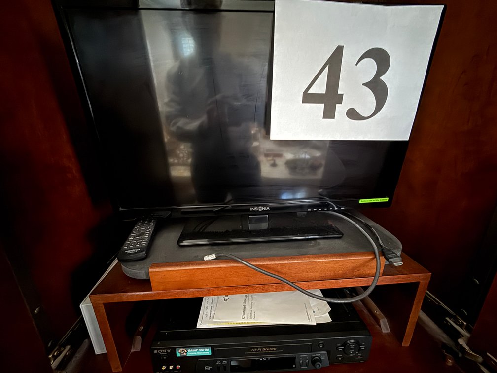 INSIGNIA FLAT SCREEN, SONY VCR, PANASONIC CD STEREO SYSTEM W/SPEAKERS AND ALL CD’S AND TAPES
