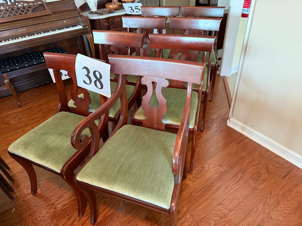 8 CHERRY WOOD DINING CHAIRS (ONE IS CAPTAINS CHAIR)