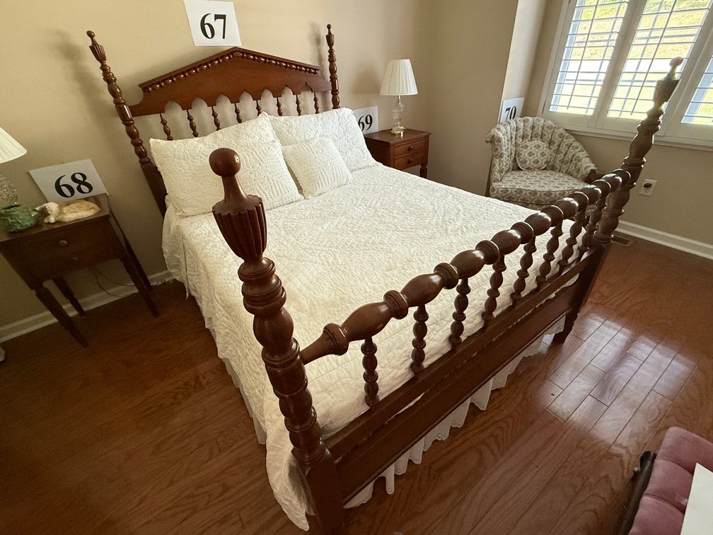 FULL SIZE WALNUT, FOUR POSTER BED, USED SEALY MATTRESS AND BOX SPRINGS