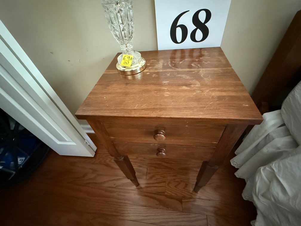 WALNUT SIDE TABLE, (TOP NEEDS REFINISHED) 4 LEGS, TWO DRAWERS