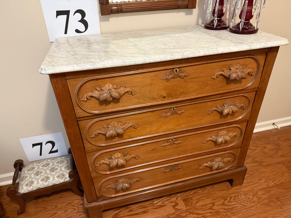 CIRCA 1880 MARBLE TOP, FOUR HAND DOVETAILED DRAWER DRESSER WALNUT
