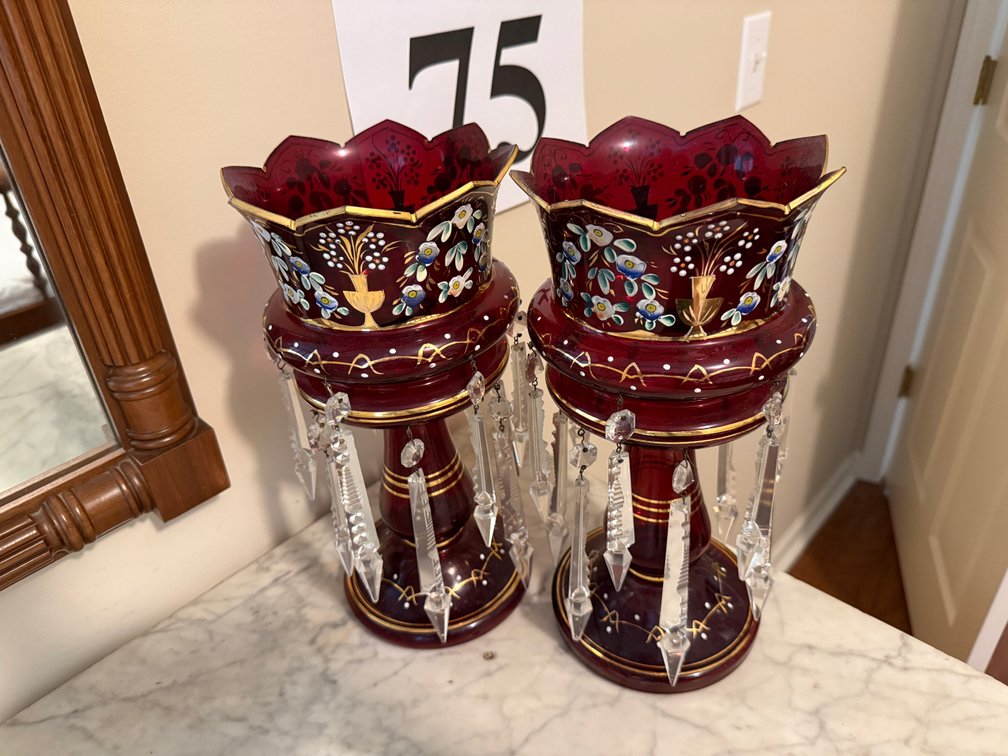 PAIR OF VICTORIAN STYLE GILT PAINTED CANDLES WITH PRISMS