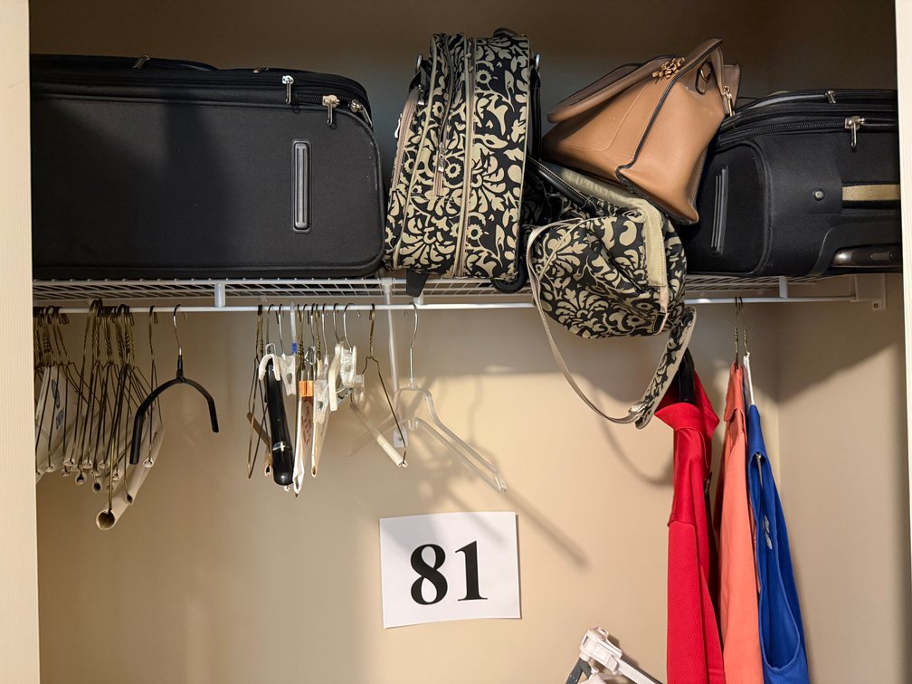 CLOSET DEAL, MISC. SUITCASES, WHEELCHAIR, CUSHION, HANGERS, CLOTHES, POTTY CHAIR ETC