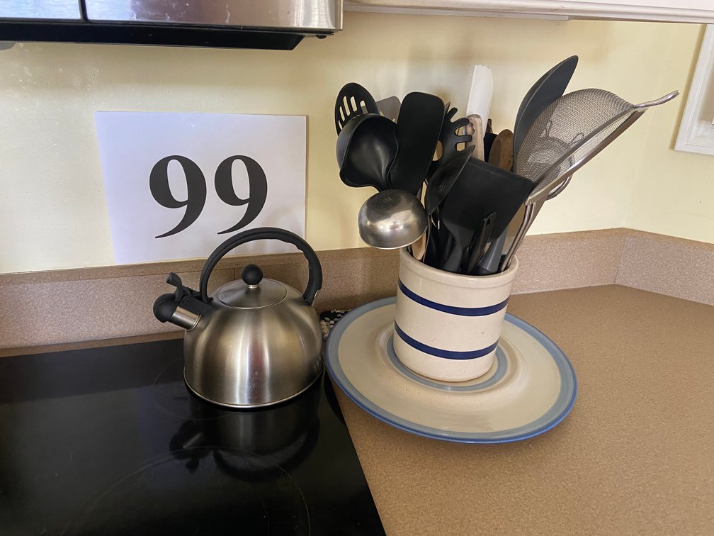 TEA POT; STONEWARE AND KITCHEN UTENSILS