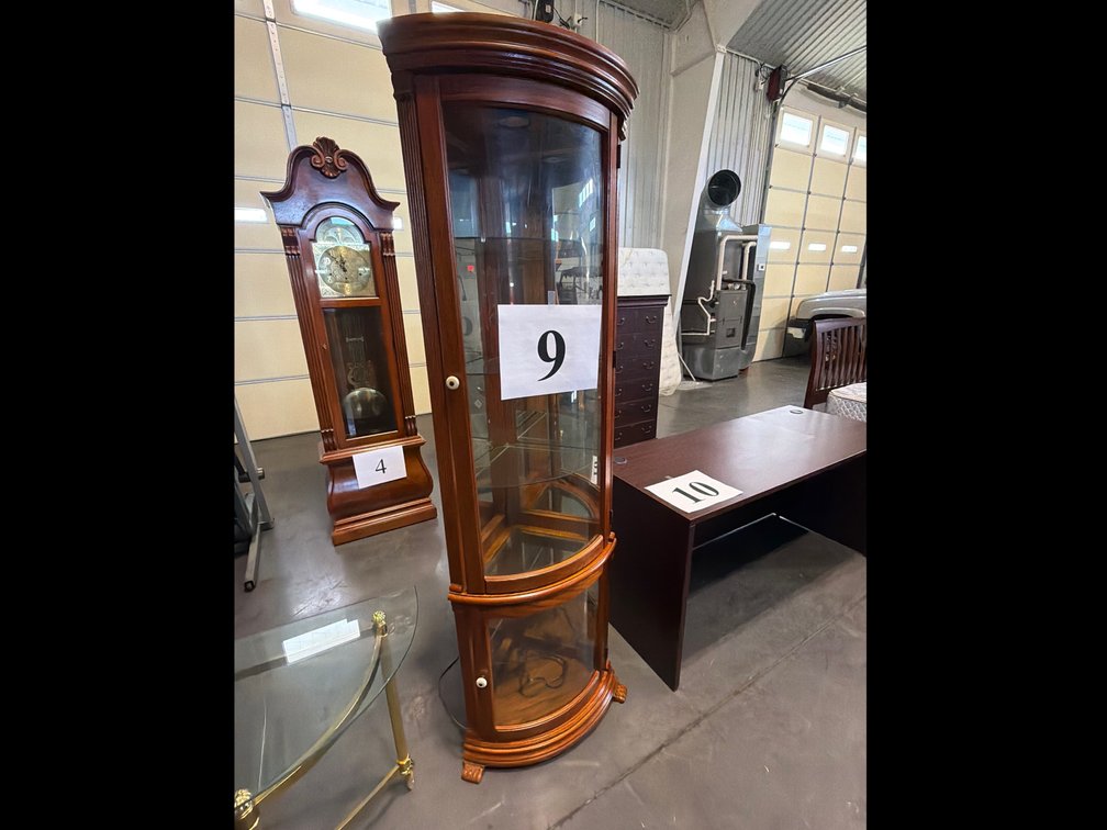 DARK WOOD LIGHTED CLAWFOOT CORNER CABINET