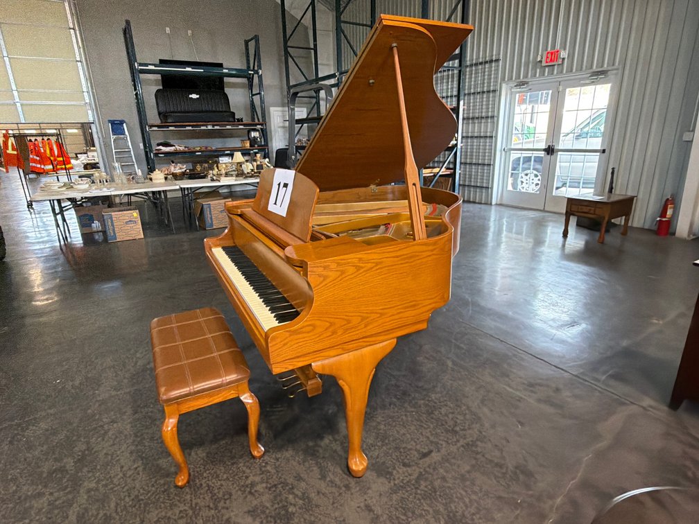 WURLITZER BLONDE BABY GRAND PIANO AND BENCH
