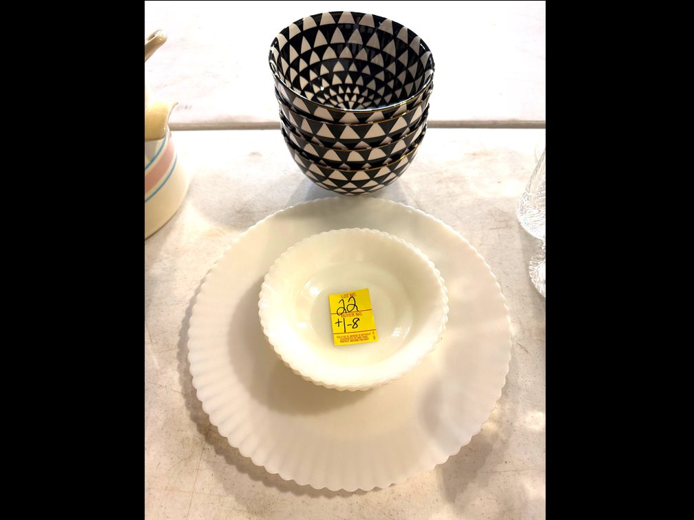 APPROX 8 PCS MILK GLASS MADE IN USA DISHES; THYME AND TABLE BOWLS