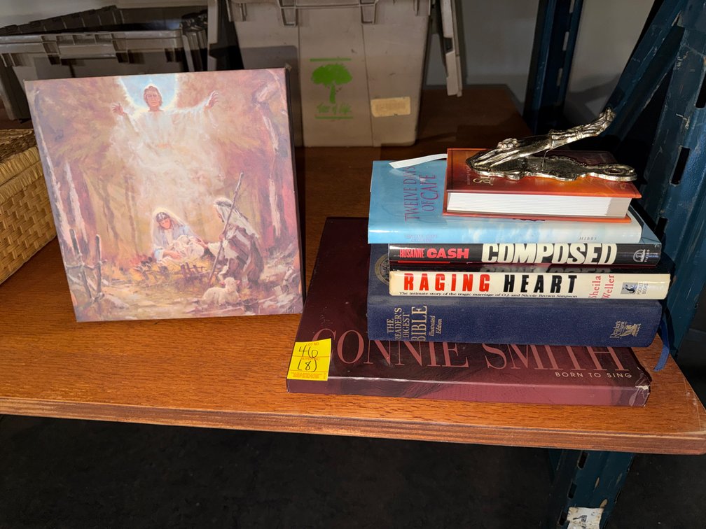 LOT OF RELIGIOUS BOOKS; CHRISTMAS PHOTO; BOOK HOLDER