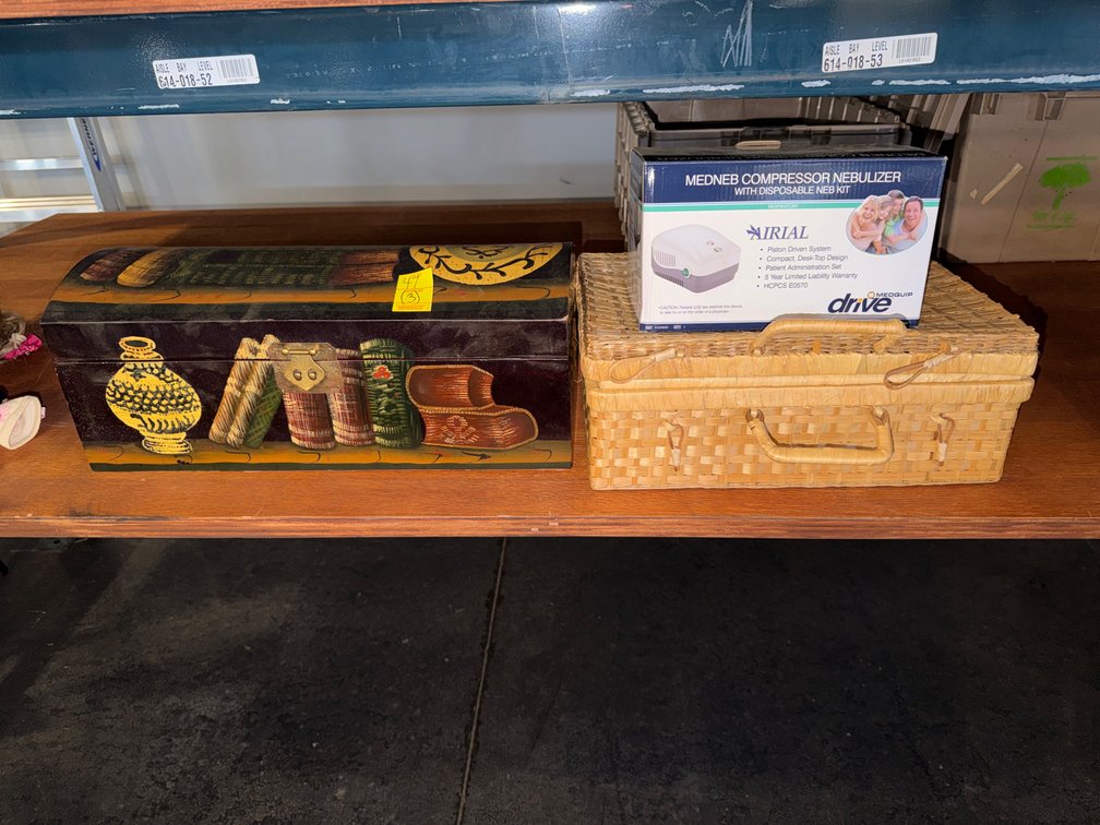 NEBULIZER; WICKER BASKET; BLOOD PRESSURE MONITORS IN BOX; DECORATIVE CHEST