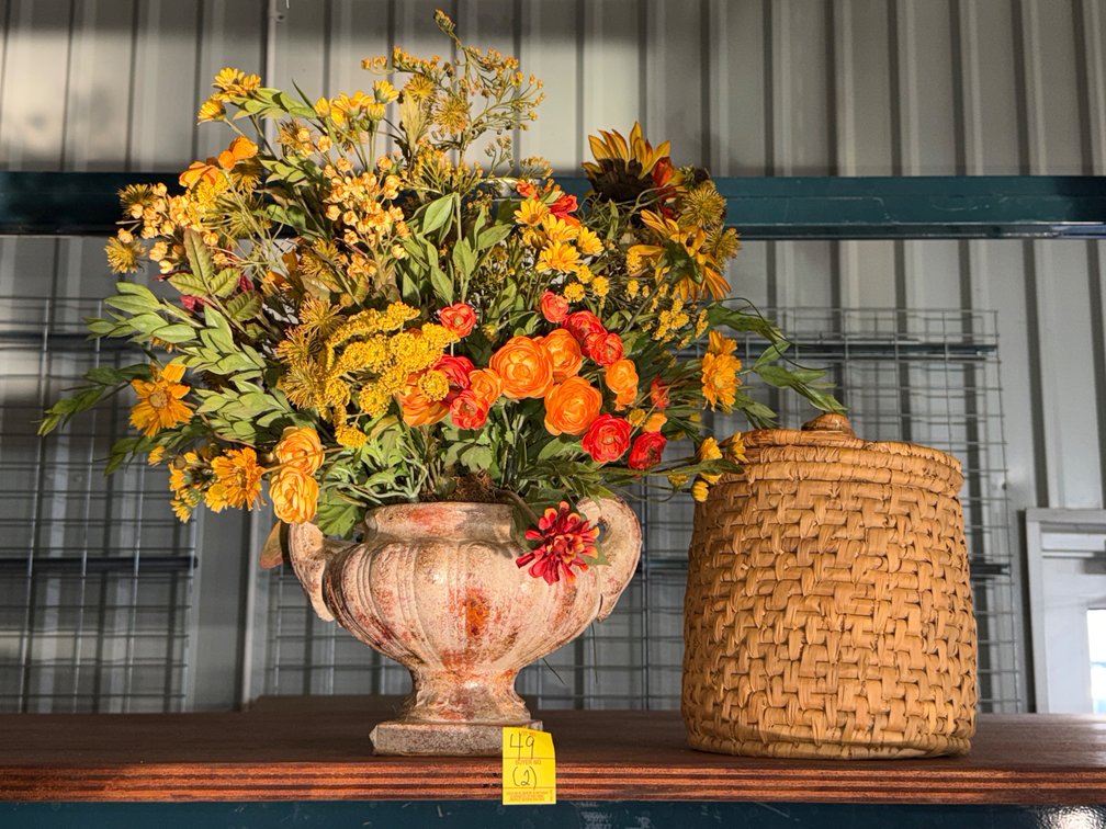FLORAL ARRANGEMENT AND WICKER BASKET