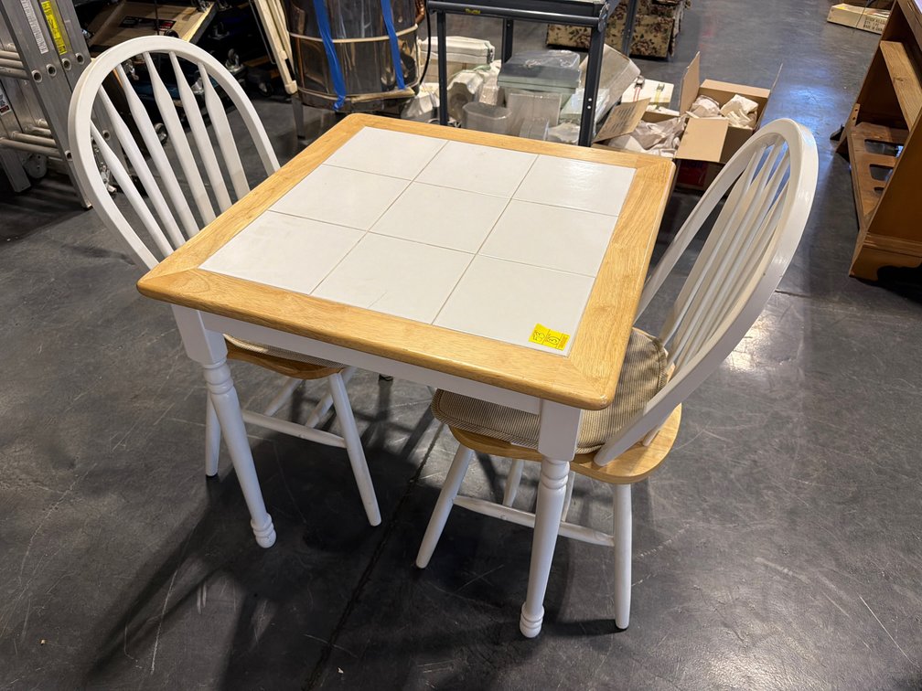 WHITE TILE TOP TABLE FOR TWO WITH TWO HOOPBACK CHAIRS