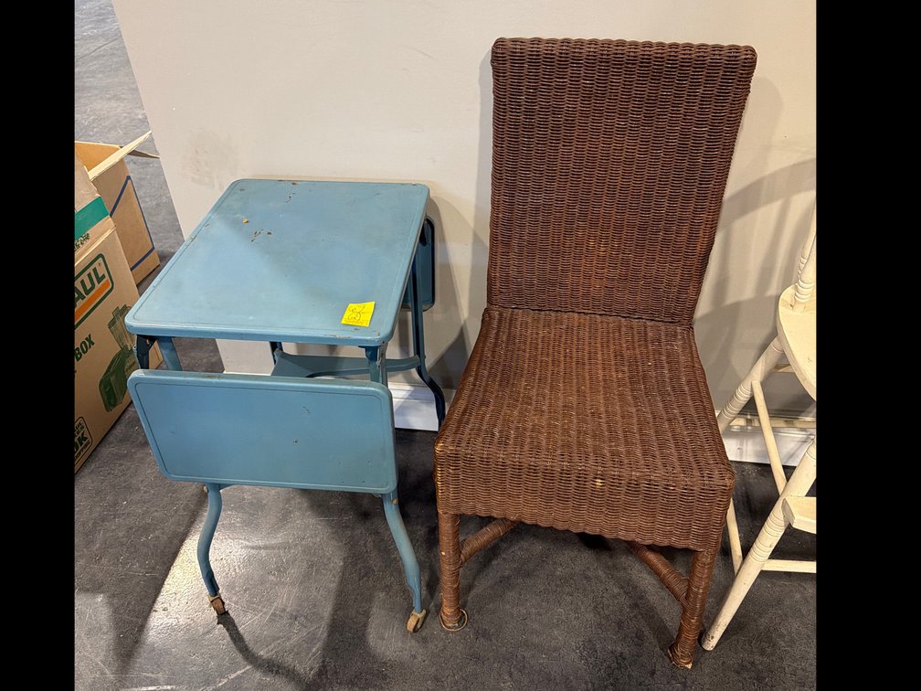 WOVEN CHAIR AND FOLD DOWN BLUE TABLE ON CASTERS