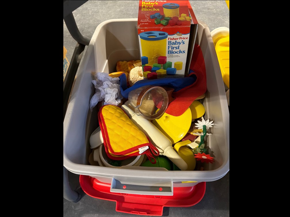 BOX OF LITTLE TIKES TOYS AND FISHER PRICE BLOCKS