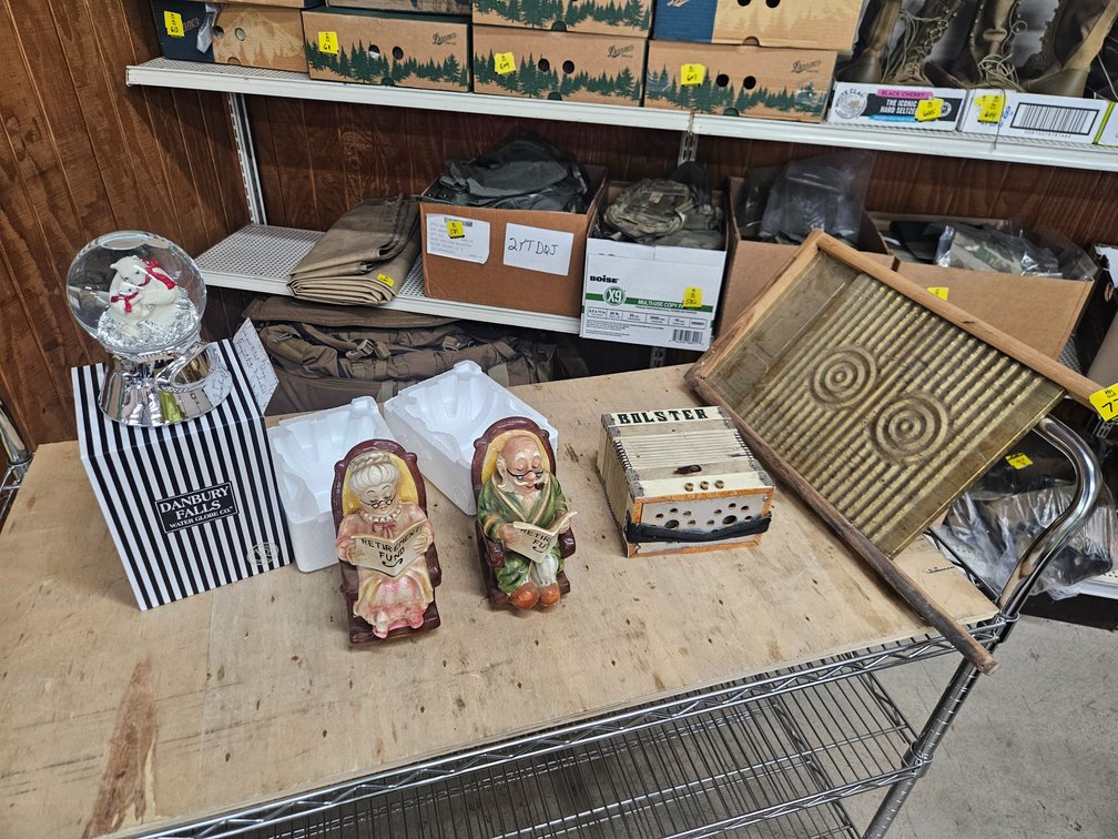 Danbury snow globe, small squeeze box, wash board