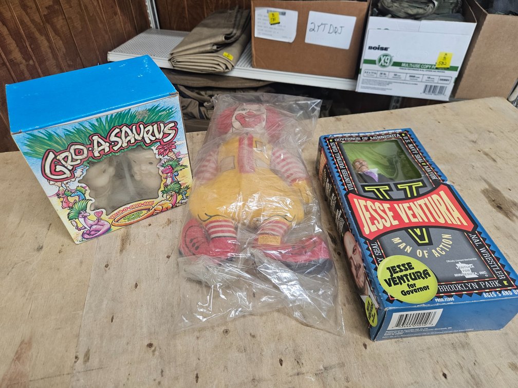 Jesse Ventura Doll, Ronald McDonald doll, Gro-a-Saurus