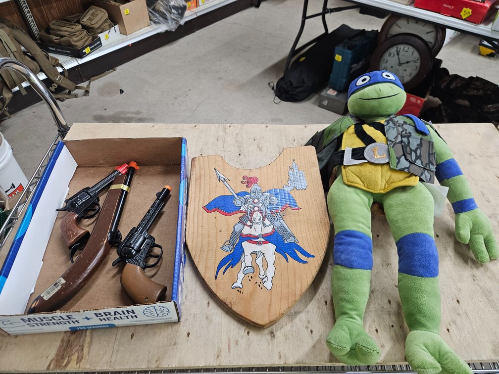 3 Cap Guns, Wooden Sheild & Ninja Turtle Stuffed Plush