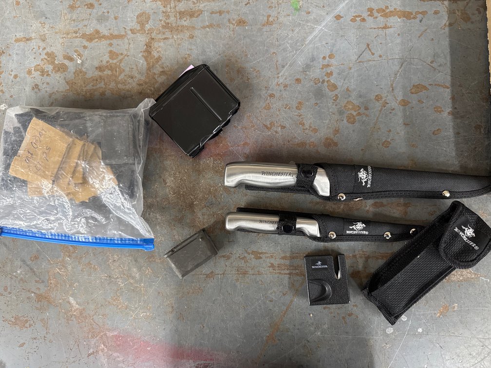 2 Winchester knives, 15 M1 clips, Rem 742 .30-06 mag
