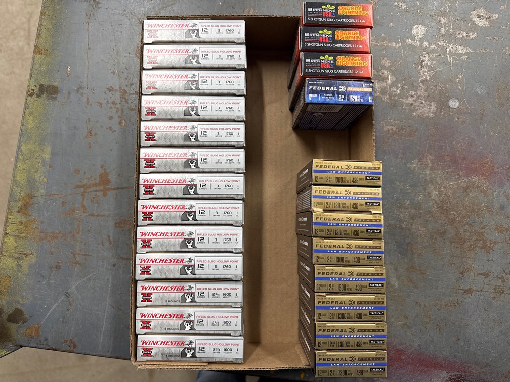 12 Ga- 13 Winchester, 9 Federal