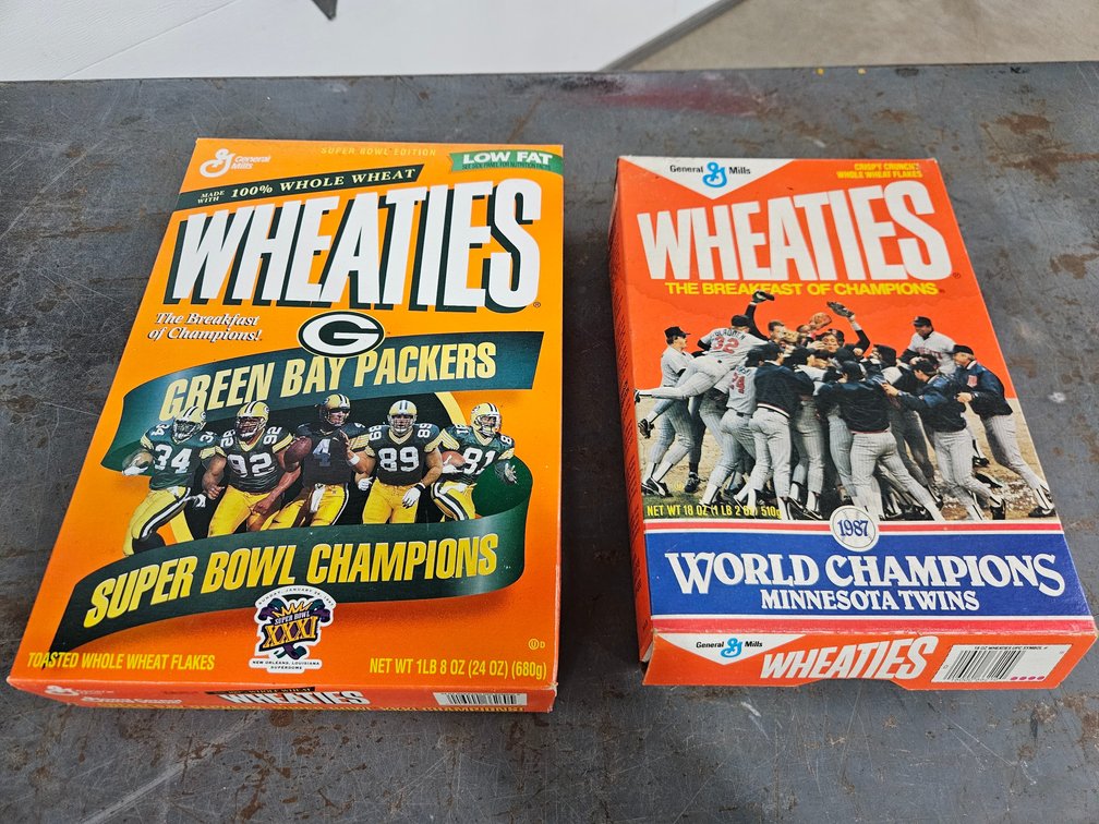 Green Bay Packers and MN Twins Wheaties boxes