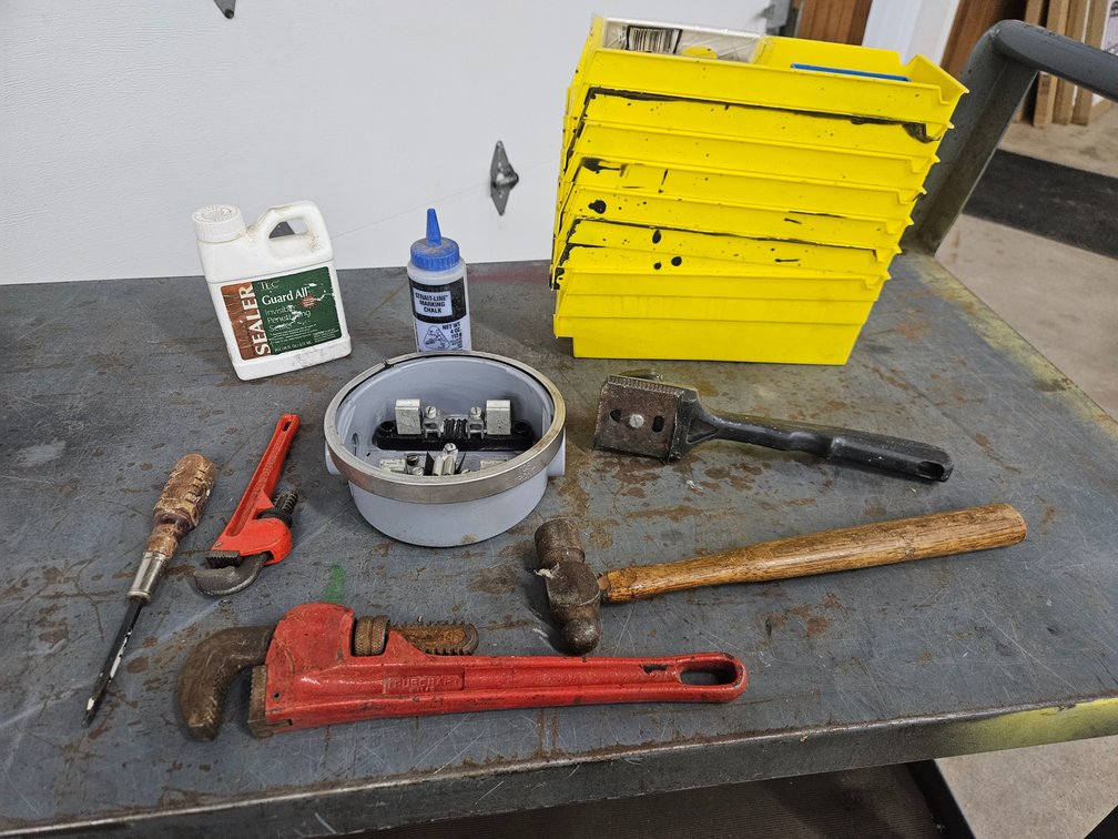 Pipe wrench, plastic bins, misc.