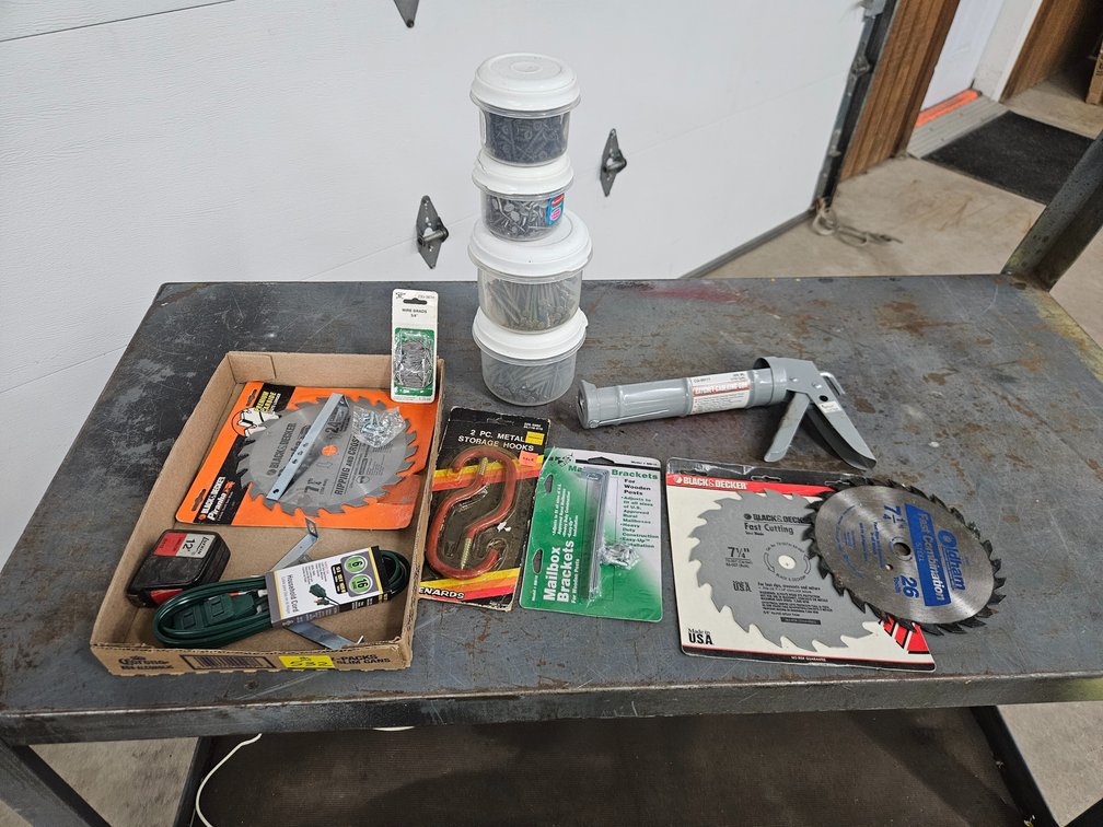 3 Saw blades, household cord, assorted nails