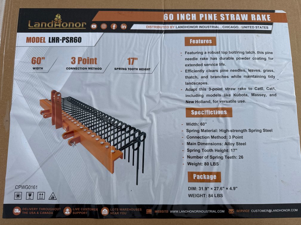 60" 3pt pine/straw rake