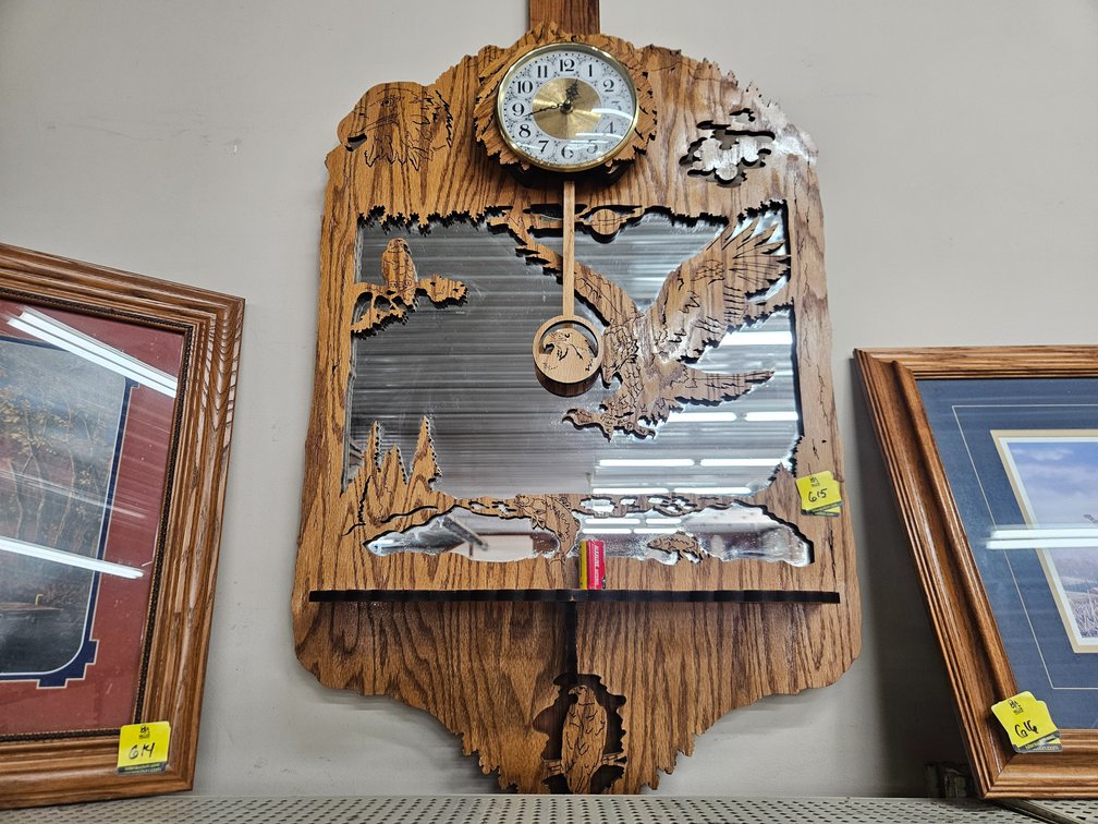 Carved wood mirror and clock