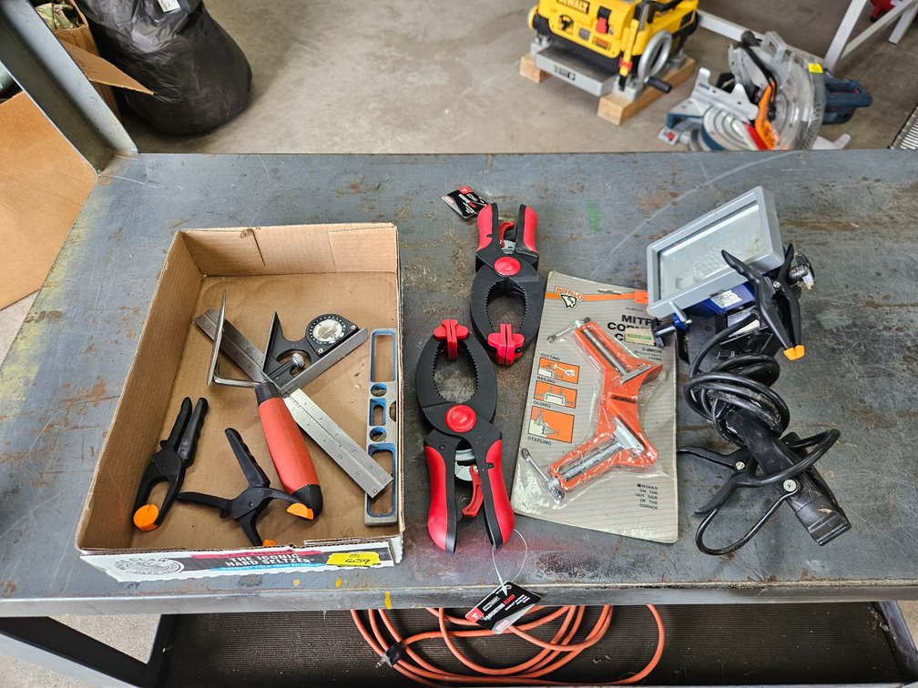 Clamp on shop light, clamps, misc.