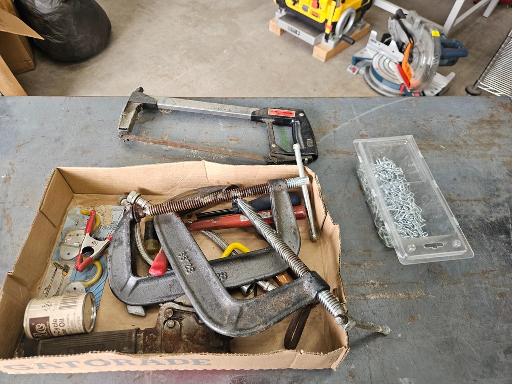 2 C-clamps, hammer stapler, misc.